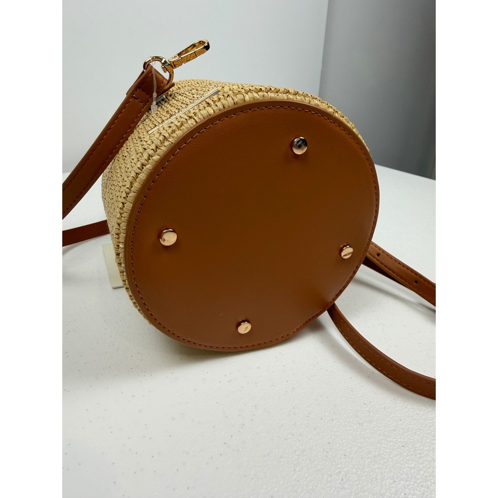 Rachel Zoe Straw Bucket Bag Tan Faux Leather Studded Crossbody Handbag NEW - Picture 6 of 11